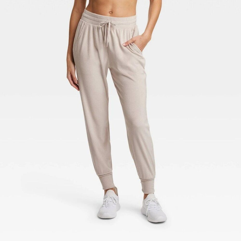 Women's Velour Ribbed Jogger Sweatpants - All in Motion Light Taupe XXL